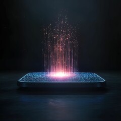 Fototapete - A glowing device emits vibrant, colorful particles against a dark background, creating a futuristic and dynamic visual display.