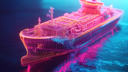 Wall Mural - Neon Wireframe Cargo Ship: Digital Maritime Vessel