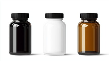 Poster - A chic arrangement features three distinct bottles in black, white, and amber shades, highlighting their sleek designs. Perfect for product displays, branding inspiration, and marketing
