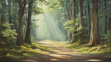 Canvas Print - A serene forest path bathed in dappled sunlight, surrounded by lush greenery and tall trees, inviting exploration and tranquility.