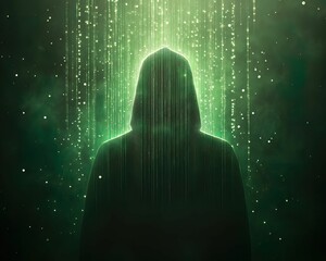 Poster - A mysterious figure shrouded in shadow, illuminated by green light and cascading digital rain, evokes a sense of intrigue and the unknown.