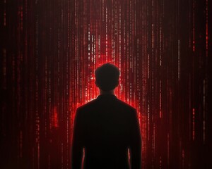 Fototapete - A silhouette stands against a backdrop of red, cascading binary code, evoking a digital or futuristic theme.