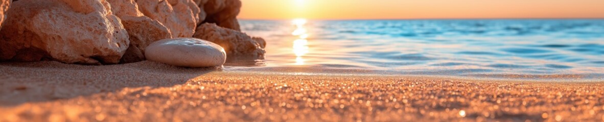 Wall Mural - Beautiful sunset over calm ocean waters with sandy beach and rocks in the foreground providing a tranquil atmosphere