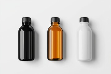 Poster - Three stylish bottles in black, amber, and white are arranged against a minimalistic backdrop, highlighting their sleek design and suitability for diverse liquids and products