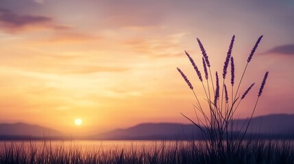 Wall Mural - A serene sunset over a tranquil lake, with silhouetted grasses in the foreground, creating a peaceful and reflective atmosphere.