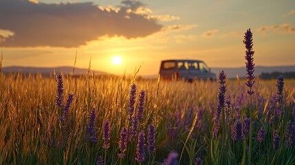 Wall Mural - A serene sunset over a lavender field, with a vintage vehicle parked in the background, creating a peaceful, picturesque landscape.