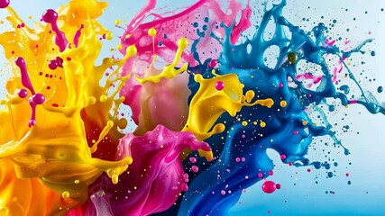 Poster - Brightly colored paint splashes soar through the air, creating a dynamic display of yellow, pink, blue, and orange in an artistic environment under natural light.