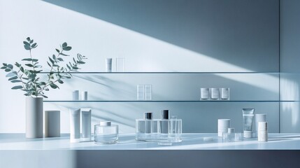 Poster - Serene Minimalist Skincare Display: Eucalyptus, Glass Shelves, and Luxurious Products