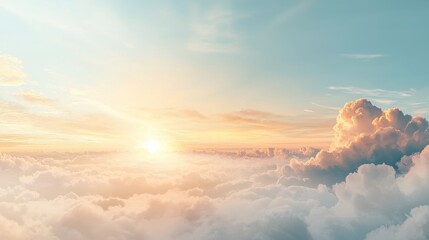 Canvas Print - A serene sunrise above fluffy clouds, casting warm golden hues across the tranquil sky, evoking a sense of peace and beauty in nature.