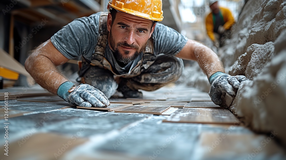male construction worker installing laminate wooden planks on floor ...