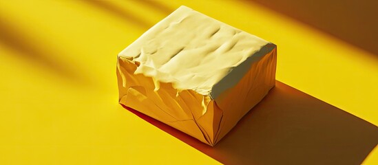 Leinwandbilder - Crushed yellow paper box on vibrant yellow surface with dynamic shadows highlighting its texture and packaging details for visual impact