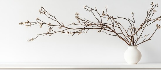 Poster - Minimalist white vase with dry twigs on a clean white shelf, highlighting organic textures against a soft neutral background.