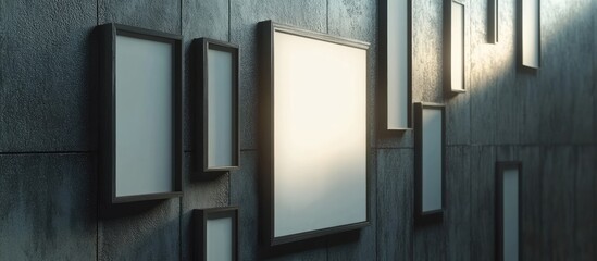 Leinwandbilder - Blank poster frames arranged asymmetrically on a textured dark wall with warm light highlighting the central frame, creating an inviting display.