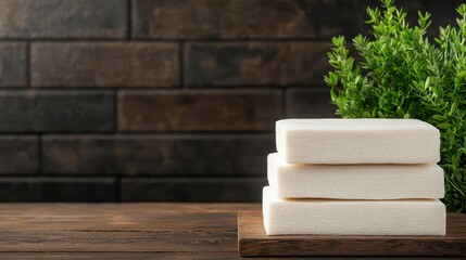 Poster - Pulp Fiber Concept, Biodegradable Pulp Fiber Products Displayed on Wooden Surface with Decorative Greenery in Background
