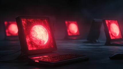 Fototapete - A futuristic scene depicting glowing red computer screens, each displaying a celestial body, creating a mysterious and ominous atmosphere.