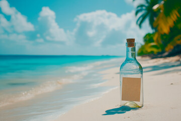 Bottle with message on a tropical sandy beach.