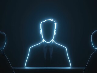 Poster - A futuristic silhouette of a figure in a suit sits at a table, illuminated by blue light, with two shadowy figures on either side, suggesting a meeting or discussion.