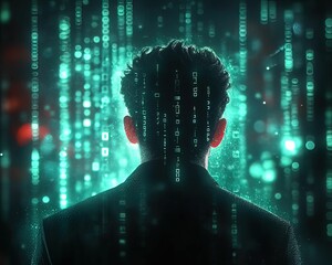 Fototapete - A silhouetted figure stands before a backdrop of cascading digital code, evoking a futuristic and tech-inspired atmosphere.
