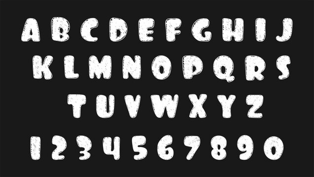 Numbers, handwritten font, English alphabet on black background. Children's alphabet with hand-drawn letters ABC. For educational banners, kindergartens, and book covers