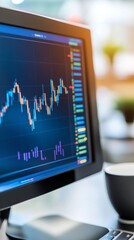 Aufkleber - Computer screen displaying stock market data with a coffee cup in the foreground, modern office setting