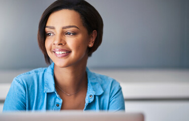 Poster - Remote work from home, decision and woman with laptop, contemplation and solution. Happy person, copywriting and entrepreneur with pc, planning and choice with problem solving, ideas and daydreaming
