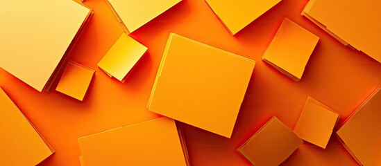 Poster - Vibrant orange square paper shapes scattered across a rich orange background creating a modern and visually captivating design composition