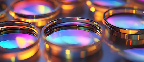 Poster - Colorful optical lenses displayed closely, showcasing vibrant light diffraction effects with reflections of blue, purple, and gold tones.