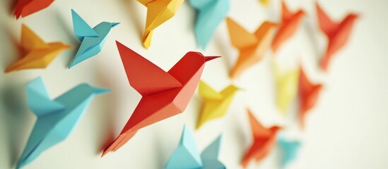 Poster - Colorful origami birds in shades of red, blue, orange, and yellow arranged dynamically on a light background showcasing creativity and art.