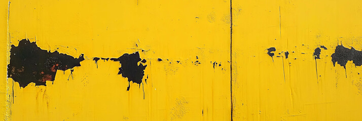 Poster - Texture of ochre yellow wall with peeling paint and dark grunge stains enhances urban decay