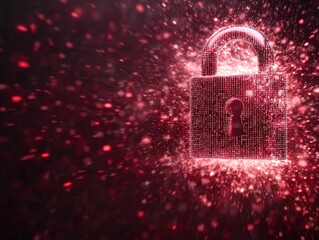 Fototapete - Digital lock breaking open a closeup of a glowing padlock in a compressed red environment