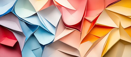 Poster - Colorful abstract origami patterns in shades of red, blue, and pink, with layered folds creating dynamic textures and depth on a gradient background.