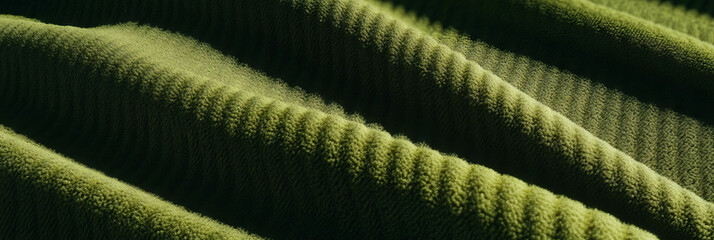 Poster - Dense olive green ribbed carpet texture showcasing linear patterns and deep shadows