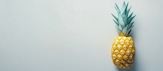 Poster - Vibrant yellow origami pineapple with teal leaves positioned on a light gray background creating a striking visual contrast ideal for creative projects