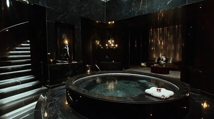 Wall Mural - Opulent Black Marble Spa: Luxurious Hot Tub and Relaxation Haven