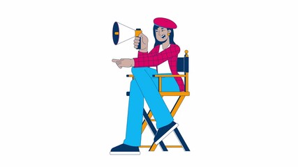 Poster - Female film director on chair with megaphone cartoon animation. Movie industry 4K video motion graphic. Filmmaker indian woman directing pose animated 2D character isolated on white background