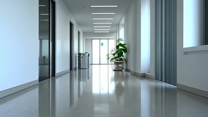 Poster - Modern hallway with glossy floors and natural light in a contemporary building