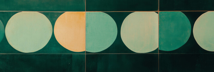 Poster - Elegant overlapping circle and square pattern on smooth glazed surface in muted greens