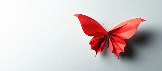Leinwandbilder - Red origami butterfly positioned on a soft gray background casting a subtle shadow on the right side creating a calm and elegant atmosphere