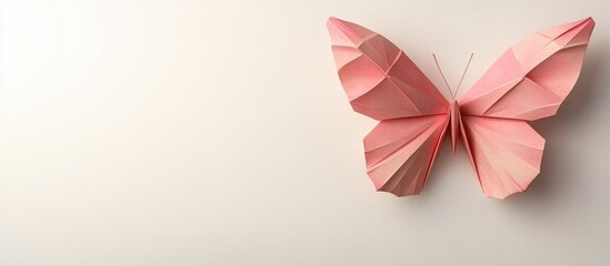 Poster - Origami butterfly in shades of pink positioned on the left against a light cream background creating a soft and minimalist aesthetic