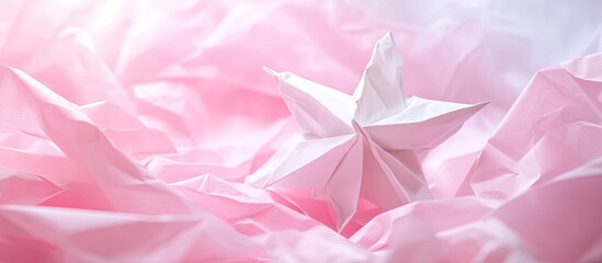 Poster - Pink and white origami star positioned center on soft pink crumpled paper background creating a dreamy and delicate aesthetic suitable for celebrations