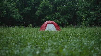 red tent in a grassy field, forest background, camping