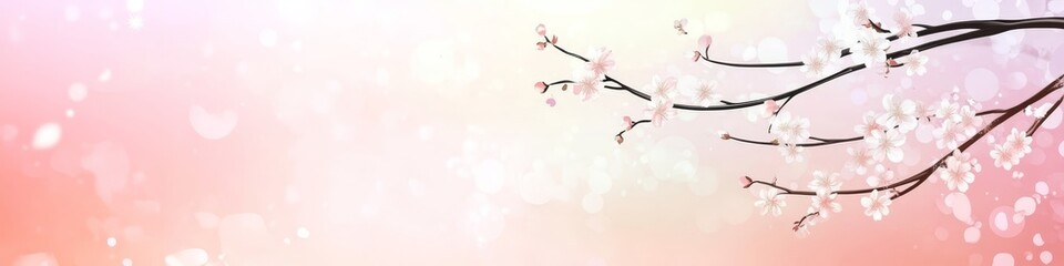 Delicate Pink Flowering Tree Branch on a Soft Pastel Watercolour Background With Bokeh
