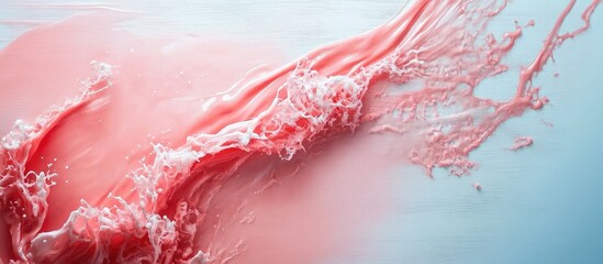 Poster - Flowing pink water splash on a soft blue background creating dynamic movement and elegance with vibrant color contrast and ample copy space.