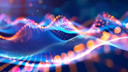 Fototapete - A dynamic display of colorful waves and glowing dots illuminates the background, creating an engaging visual experience with mesmerizing patterns and lights.