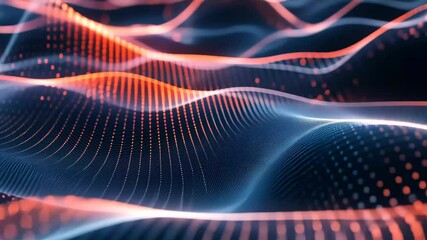 Fototapete - Glowing particles float in a wave-like formation against a dark background, creating an immersive experience that highlights depth and innovative digital design.