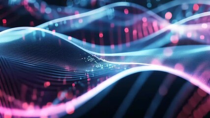 Fototapete - Digital representation of flowing waves adorned with vibrant blue and pink particles