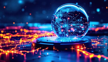 Fototapete - Futuristic digital globe with circuitry on neon circuit board