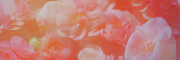 Poster - Soft pink floral tablecloth with scattered flowers creating a warm dining atmosphere