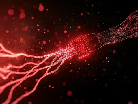Ransomware infection depicted as red energy flowing digital landscape visual high-tech environment abstract viewpoint