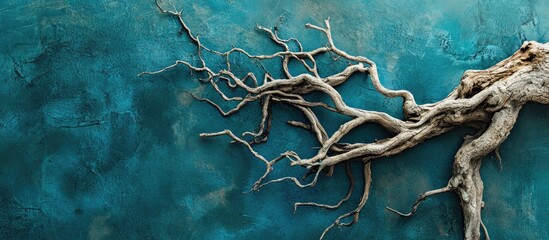Poster - Intricate dried tree roots in a dynamic arrangement on the left, contrasted against a vibrant blue background with textured surface details.